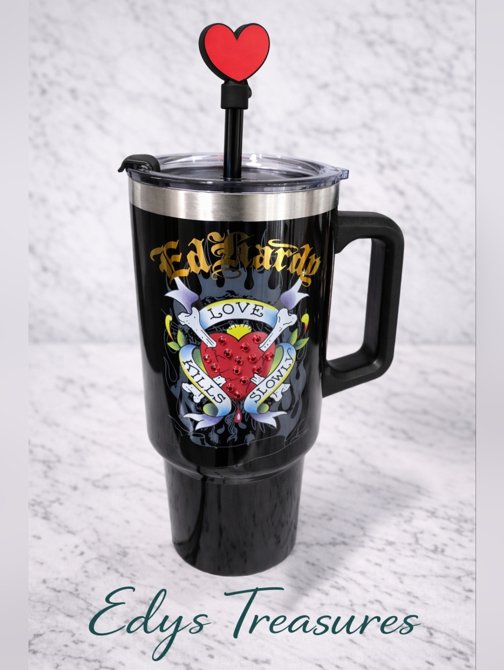 Ed Hardy Love Kills Slowly Black Tumbler With Handle & Straw | Rhinestone 40 oz
